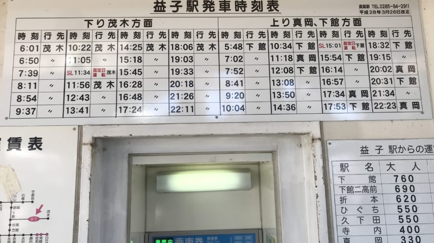 【見やすい】益子駅の時刻表・運賃をチェックする（登り下館：下り茂木行き）